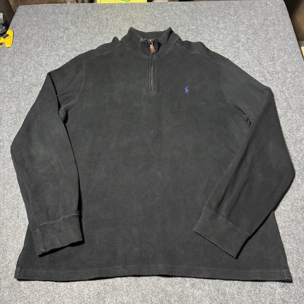 Vintage‎ Polo Ralph Lauren 1/4 Zip Mock Neck Black Cotton Men Sweater XL Chunky